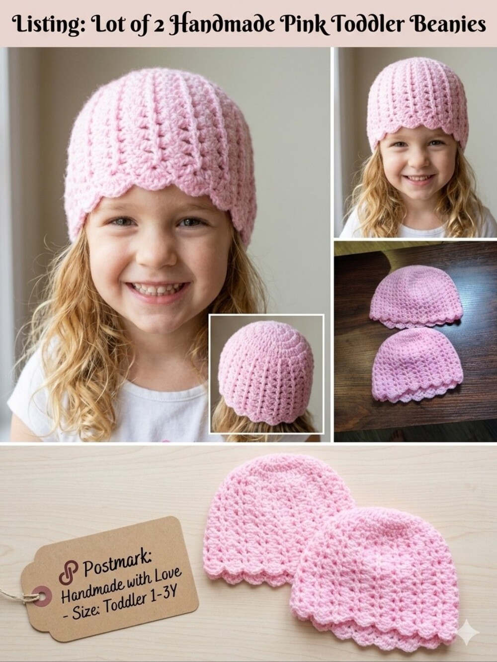 Handmade Pink Toddler Beanie Hat - Soft Crochet Scallop Edge Both Hats
